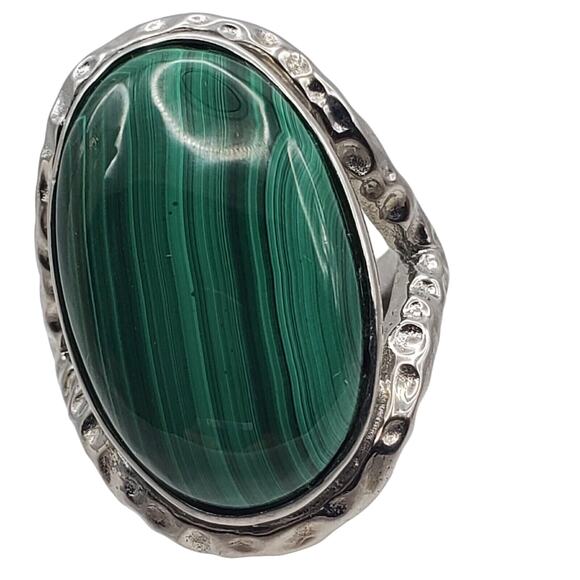 GSJ Large Oval Malachite Cocktail Ring Silver Tone Green Size 9 Stainless Steel - Picture 2 of 7